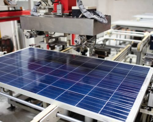 Manufacturing of solar panel system in factory.Industry concept.